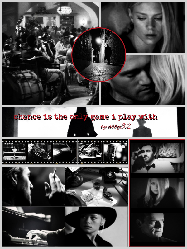 moodboard with black and white images of Nikita and Michael and images of a 1940s nightclub