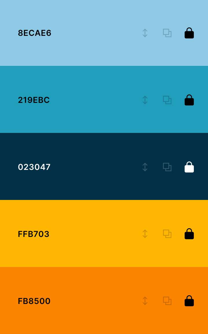 screenshot of a color palette from coolors dot co. three shades of blue, going from light to dark, gold, and orange hues seen along with their color codes.