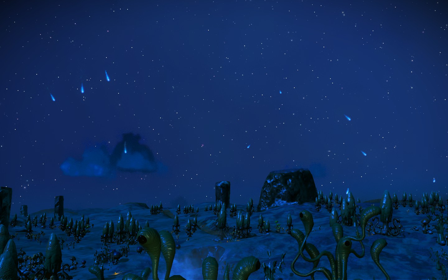 ingame screenshot, night sky with meteors