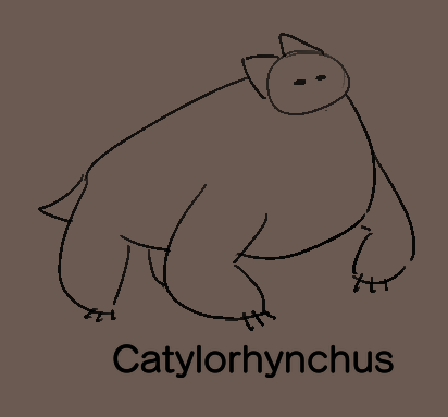 a cat with the proportions of the extinct cotylorhynchus, with a caption saying 'catylorhynchus',