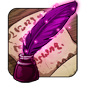 Icon of a glittering pink quill in a dark pink vial, and a scroll with pink text.