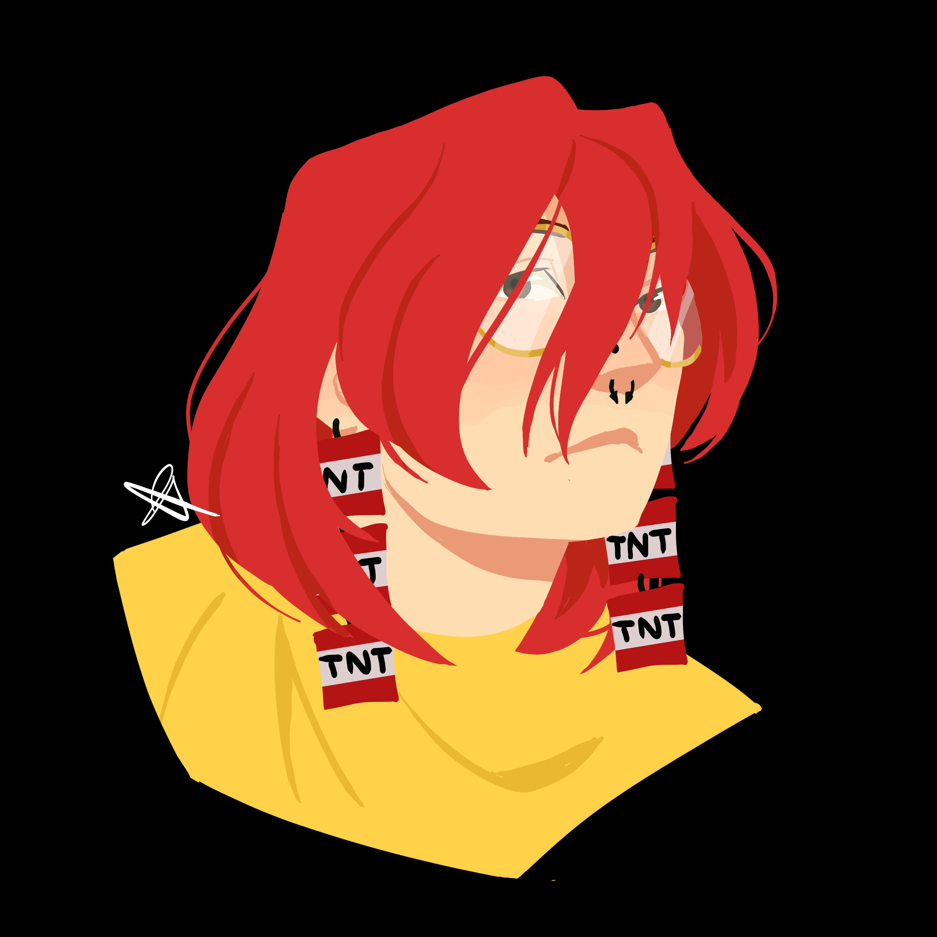 A bust drawing of a person with shoulder length red hair and glasses. He is wearing a yellow shirt and earrings depicting TNT blocks from Minecraft.