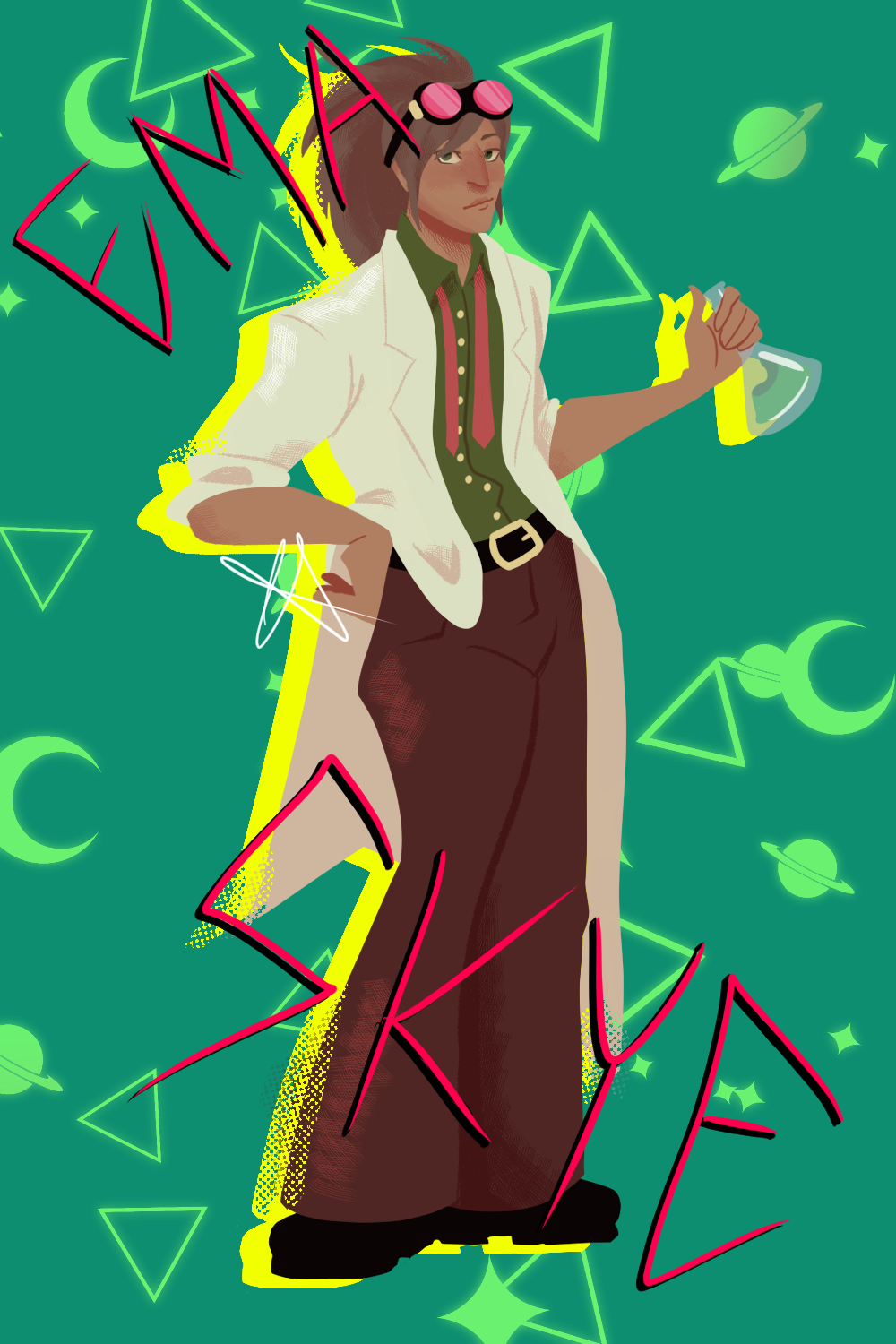 A lineless illustration of Ema from Ace Attorney. She is wearing a labcoat over a green button up and brown slacks. Her sleeves are rolled up and her tie is undone. She is holding a flask of with a pale liquid inside.