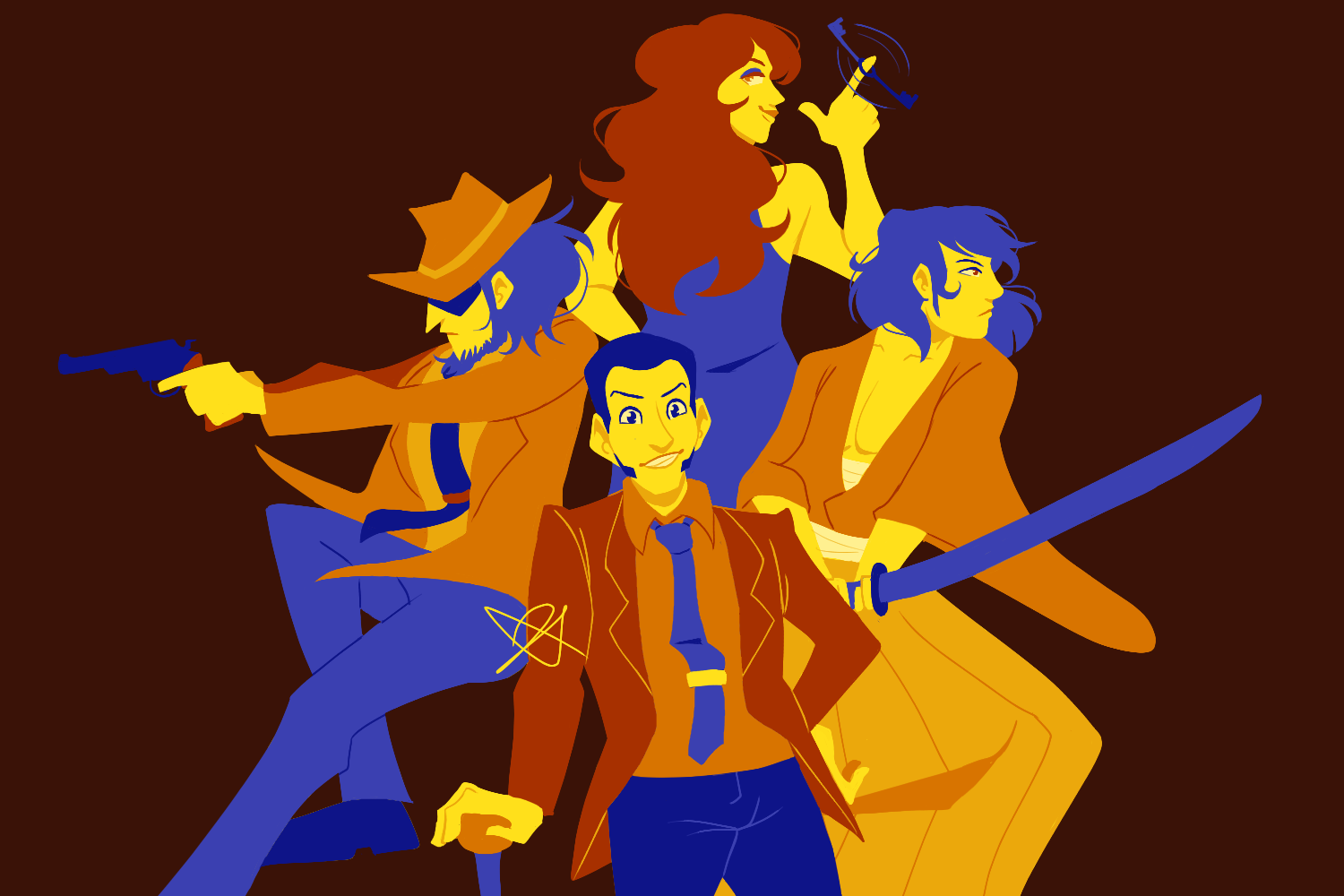 A lineless illustration of Lupin, Jigen, Goemon, and Fujiko from Lupin the Third, in a limited yellow, orange, and blue color palette. Lupin is grinning at the viewer, with Jigen and Gomen pointing their weapons offscreen behind him. Fujiko is behind Jigen and Gomen, looking over her shoulder at the viewer and twirling a key around her finger.