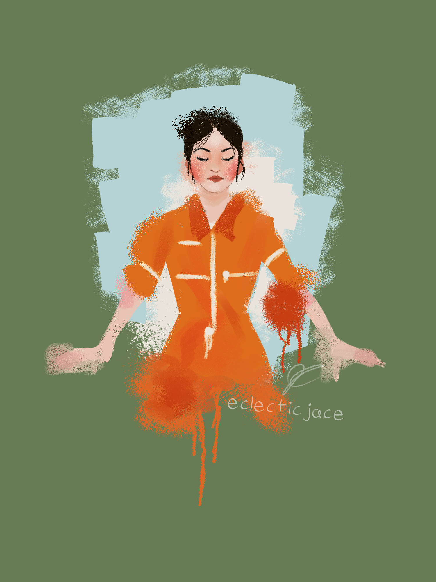 The murak of Chell from the previous piece. She is dressed in an orange jumpsuit and has her hands outstretched and her eyes closed.