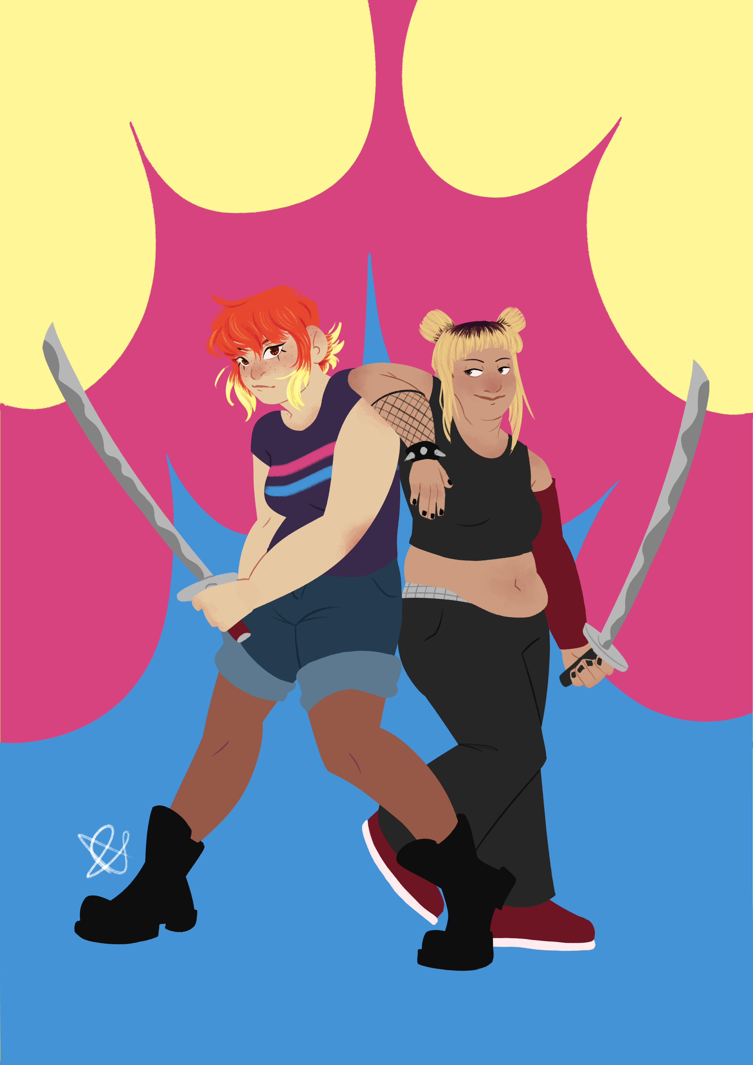 A fullybody drawing of Roxy Richter and Ramona Flowers standing next to each other. Ramona has a sword in a two-handed grip, while Roxy has a sword in one hand, and her other arm up on Ramona's shoulder.