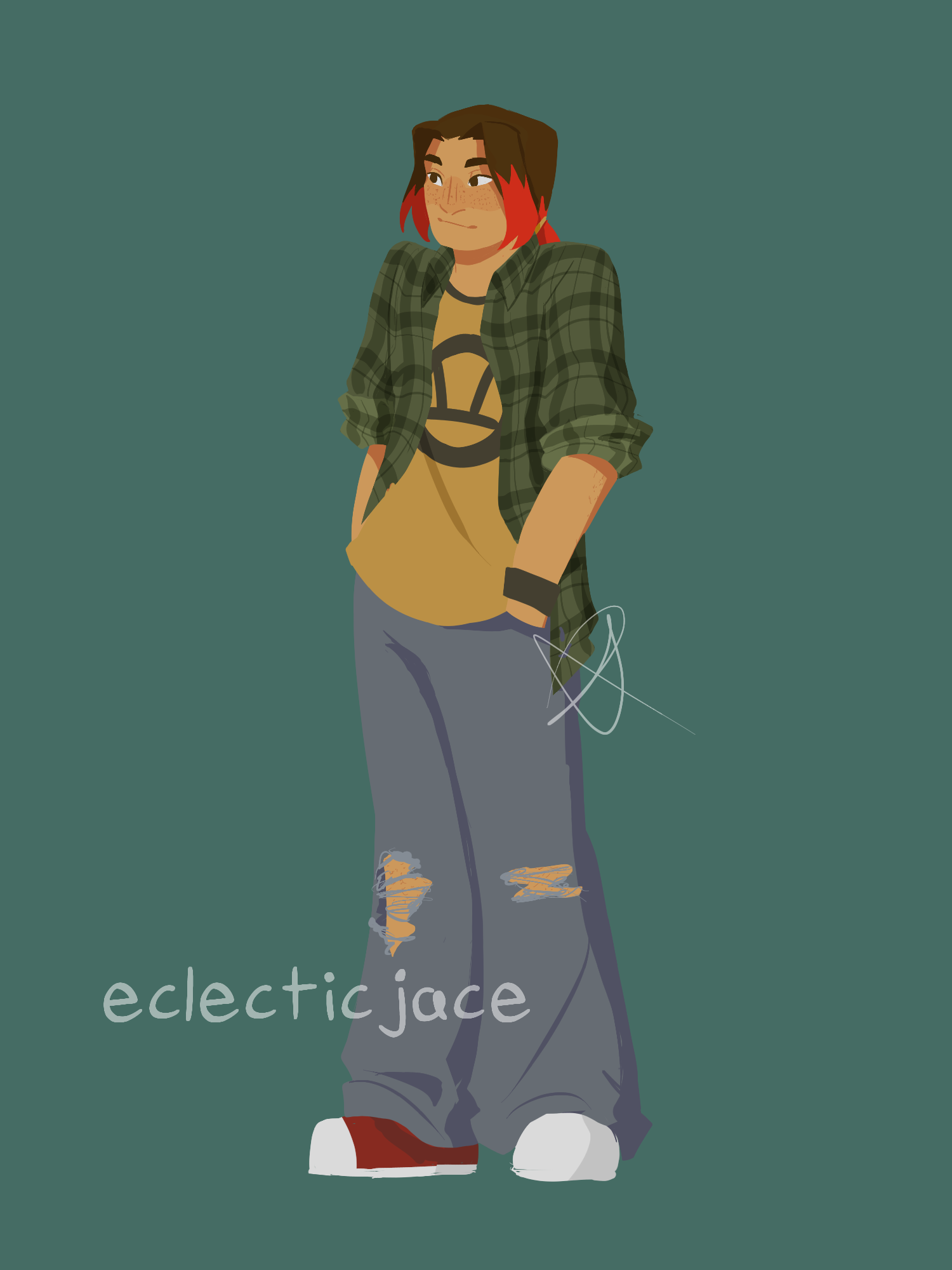 A fullbody drawing of Dakota, a teen medium toned latino boy in a tshirt, flannel, and ripped jeans. His hair is a grown out red dye job, and he keeps it in a low ponytail.