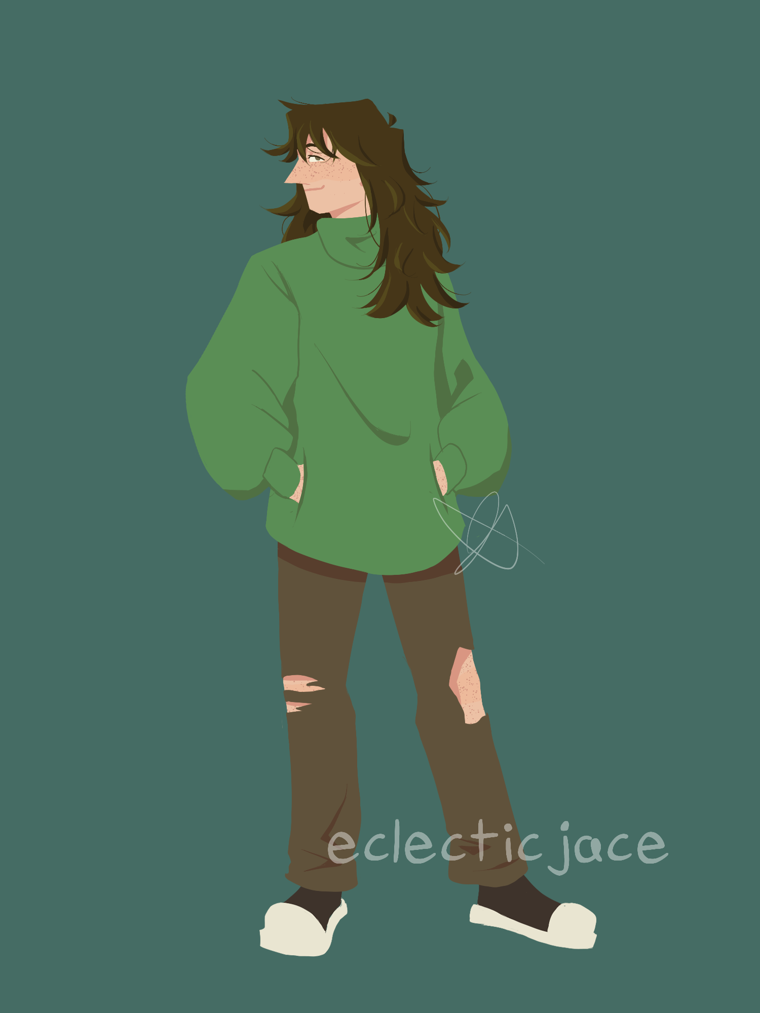 A fullbody drawing of Haystack, a teen white girl with a shaggy haircut and a big green sweater.