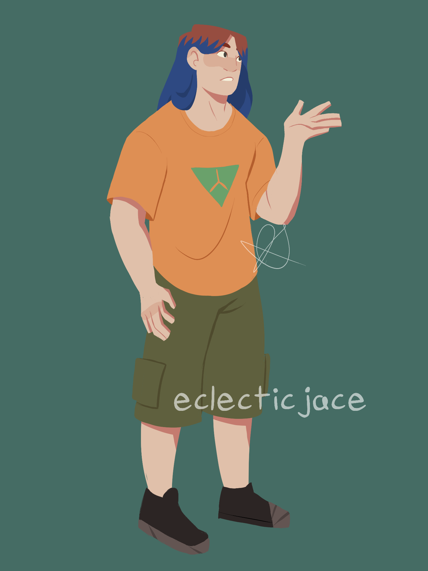 A fullbody drawing of Sherman, a young adult white man with long blue hair, an orange t shirt, and cargo shorts.