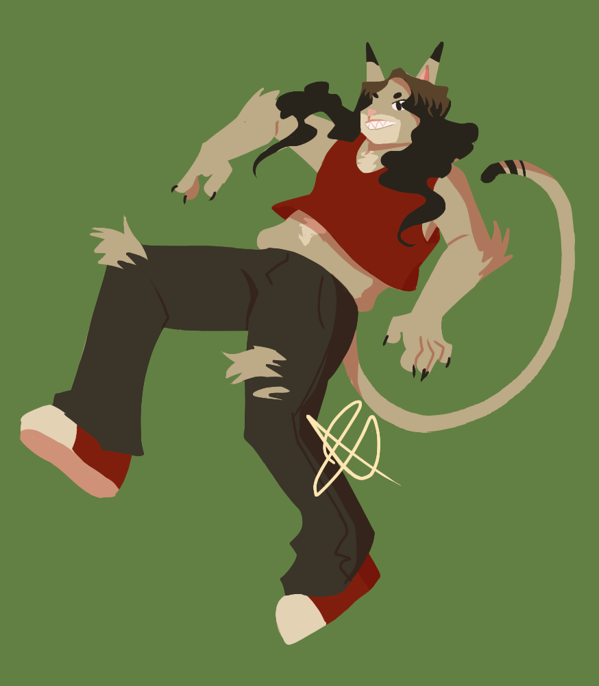 A lineless drawing of Jace's fursona, a grey anthropomorphic cat with white patches on his face and chest, and black patches on his tail and ears. He has long curly black hair with brown roots. He is wearing a red cropped tank, ripped black jeans, and red Converse.