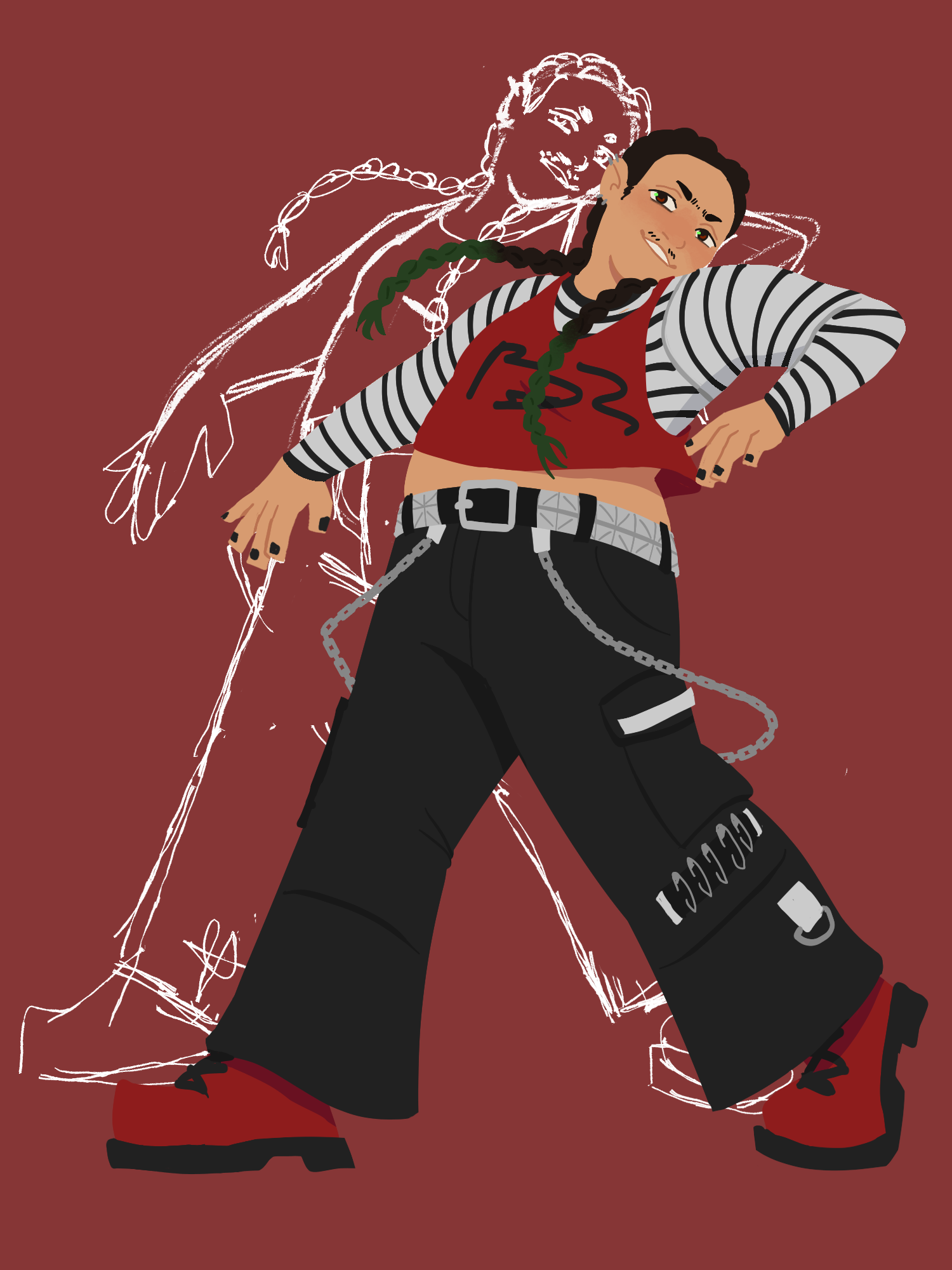 A digital drawing of Jace, a light tan person with long green hair done in french braids. He is wearing a red tank top over a striped cropped long sleeve, and tripp pants.