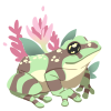 an amazon milk frog behind a patch of heliconia.