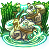 two frog statues in a pond surrounded by bamboos.