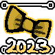 2023 golden treat badge, a gold pixel drawing of a bow or candy. It has a main circle with triangle-like twists on each side.