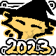 2023 golden visitor badge, a pixel drawing of a golden cat with slightly darker web patterns shading it. they wear a witch hat. their face has only eyes which are closed in a neutral expression.