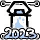 2023 participant badge, a pixel drawing of a lantern with blue fire in it. its handle and shell are thick, black outlines that are a bit crude. Inside the lantern, the parts without fire are white and create a white scattering of triangle patterns outside it.