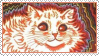 a stamp with an illistration by louise wain on it. the drawing is of a fluffy white cat with a wavey multicolored background