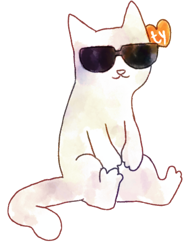 a digital drawing of Stride, a white cat wearing sunglasses with the ty beanie baby tag on their ear. they're sitting and smiling.