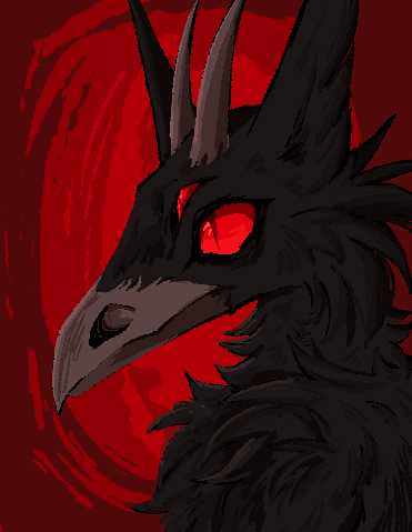 A digital drawing of a crow creature with tall pointed ears, slightly curved horns, a smaller pair of eyes above the normal pair, and large nostrils. There is a ruff of fur around its neck.