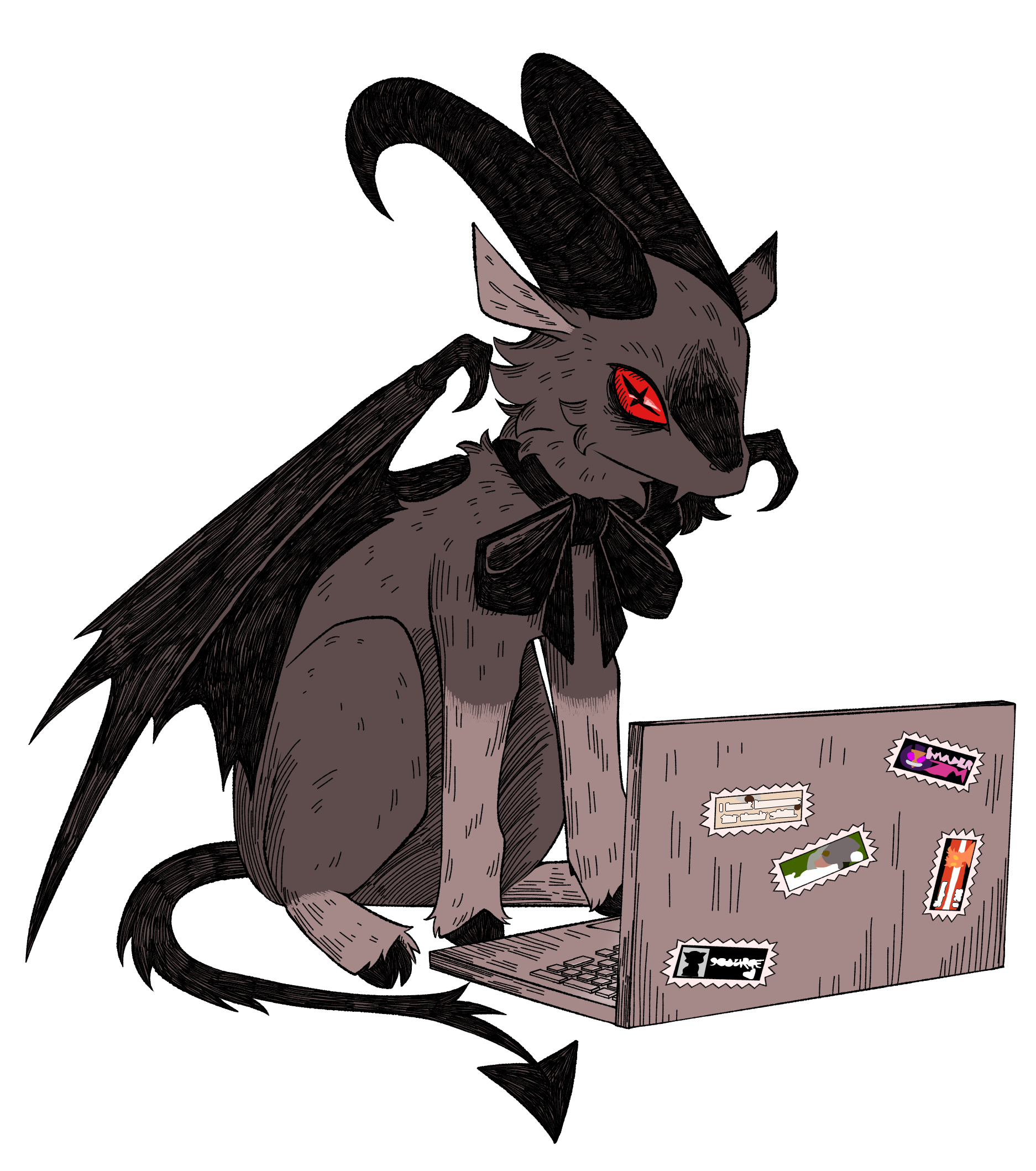 A drawing of a gray goat sitting down with an open laptop in front of it. The goat has large horns, black bat-like wings, and a skinny tail with a spade shape at the end. It's visible eye is red with a plus shaped pupil. It is wearing a large black bow around its neck. The laptop has five colorful stamps stuck to the top.