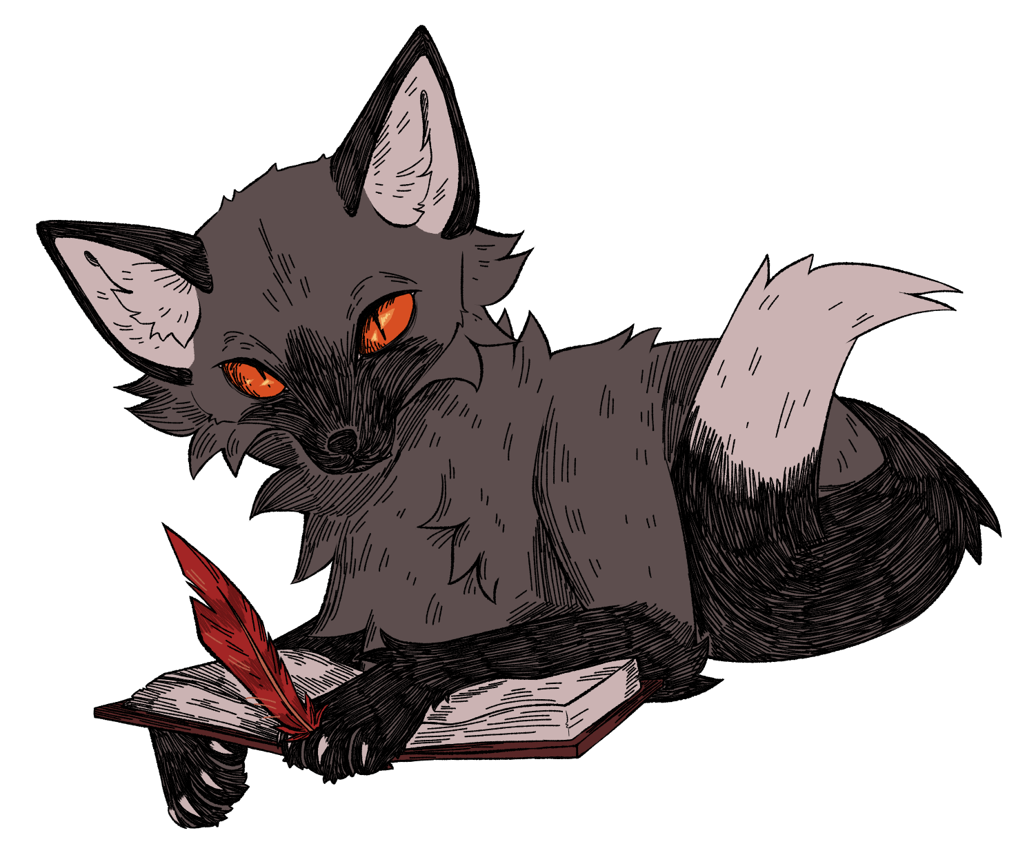 Art of a gray fox laying down and holding a book. It is offering a quill to the viewer