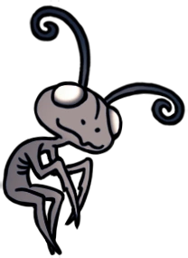 Leg Eater from Hollow Knight. He is sitting hunched over.