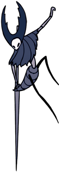 One of the Mantis Lords from Hollow Knight. She is clinking to the side of the text box next to her and holding a large nail.