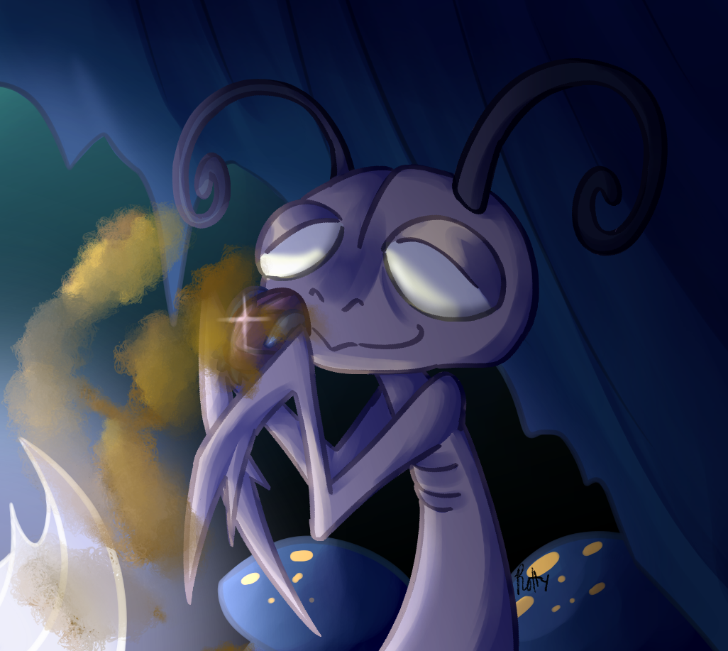 Digital art of Leg Eater from Hollow Knight. He is holding the Defender's Crest charm and sniffing it.