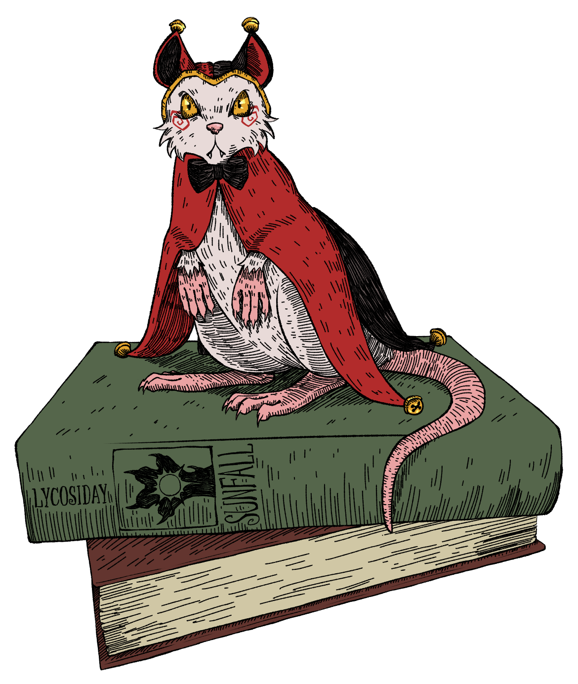A drawing of a white rat dressed as a jester sitting on a stack of two books. Only one book's spine is showing, the title being Sunfall and the author being Lycosiday.