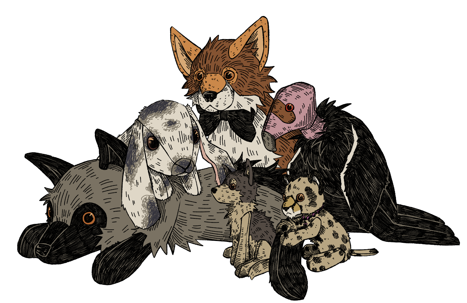 A drawing of a pile of stuffed animals, including a silver fox, a rabbit, a coyote wearing a bowtie, a California condor, a cheetah, and a wolf.