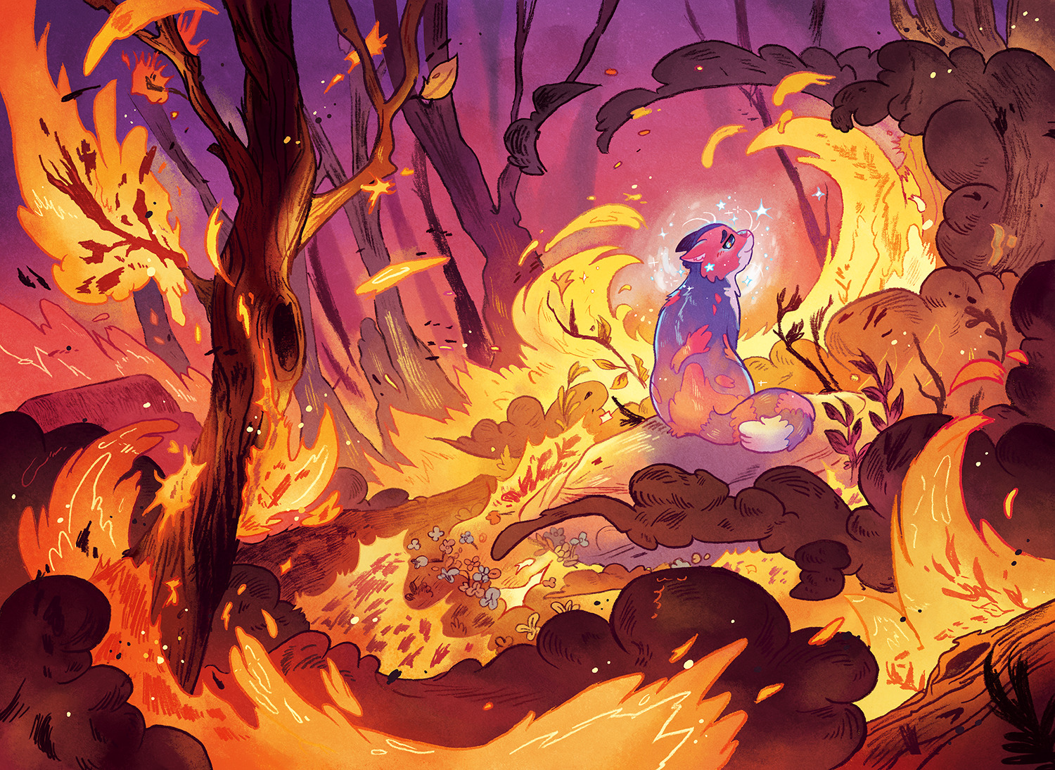 An illustration of a forest fire and a cat sitting untouched by the fire.