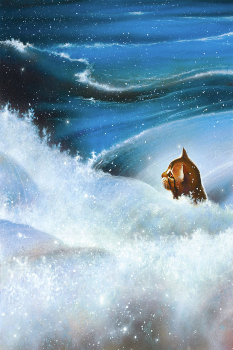 A painting of waves of water with a cat's head poking out of the water. The cat is a reddish-brown tabby.