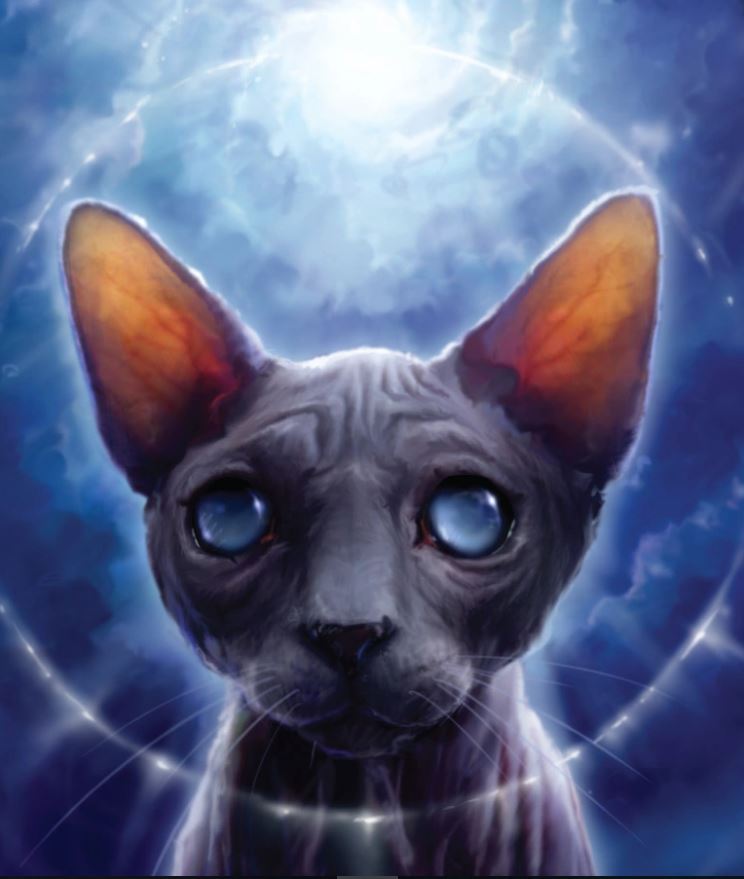 A painting of a hairless cat. A circle of light shines around his head.