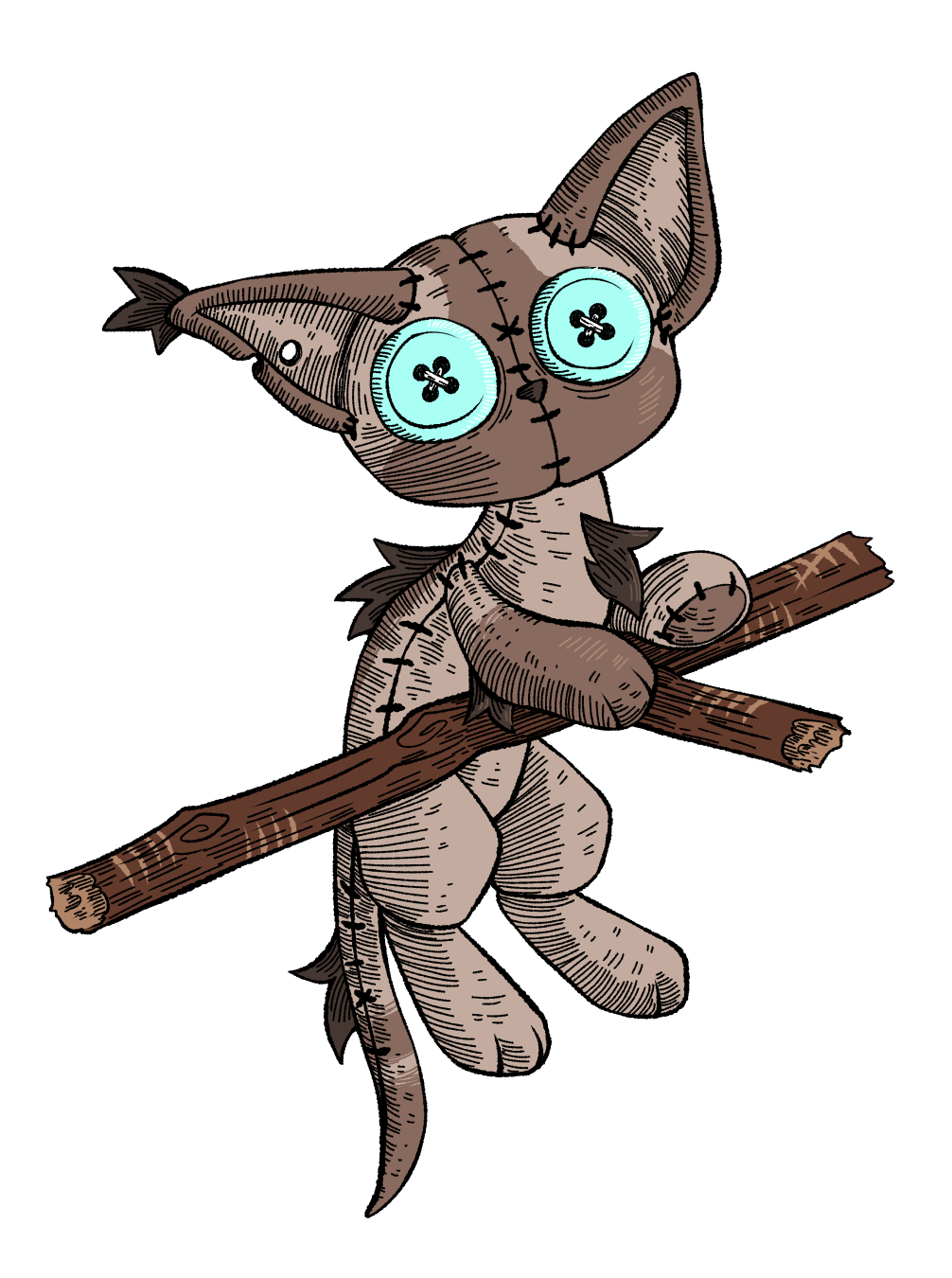 A drawing of Rock from Warrior Cats as a doll. He is a hairless cat with some tufts of fur on his ear, back, leg, and tail. He is holding a big stick with scratch marks on it.