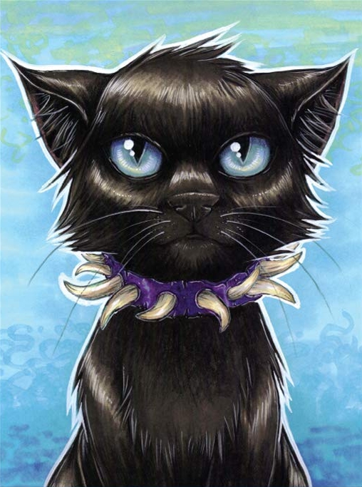 A drawing of a black cat wearing a collar studded with dog teeth.