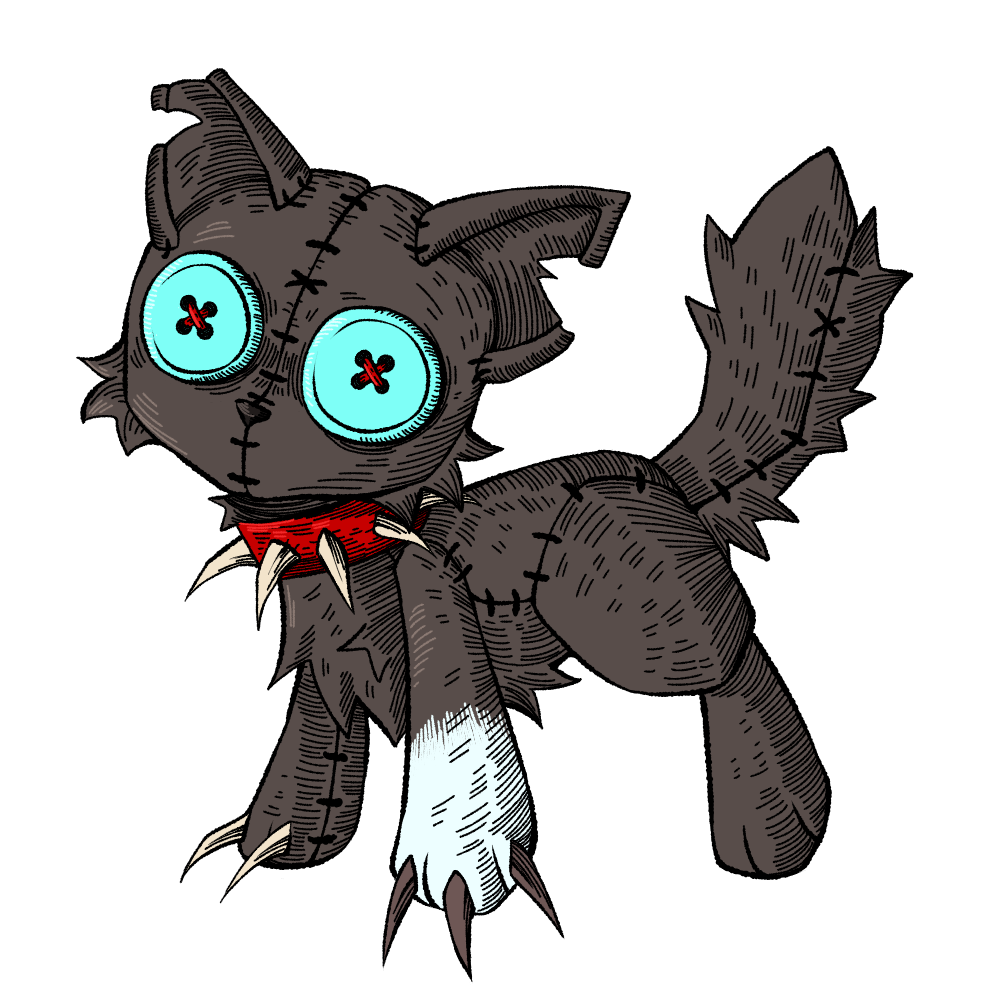 A drawing of Scourge from Warrior Cats as a doll. He is a black cat with one white paw and very long claws. He is wearing a red collar studded with dog teeth and his eyes are bright blue.
