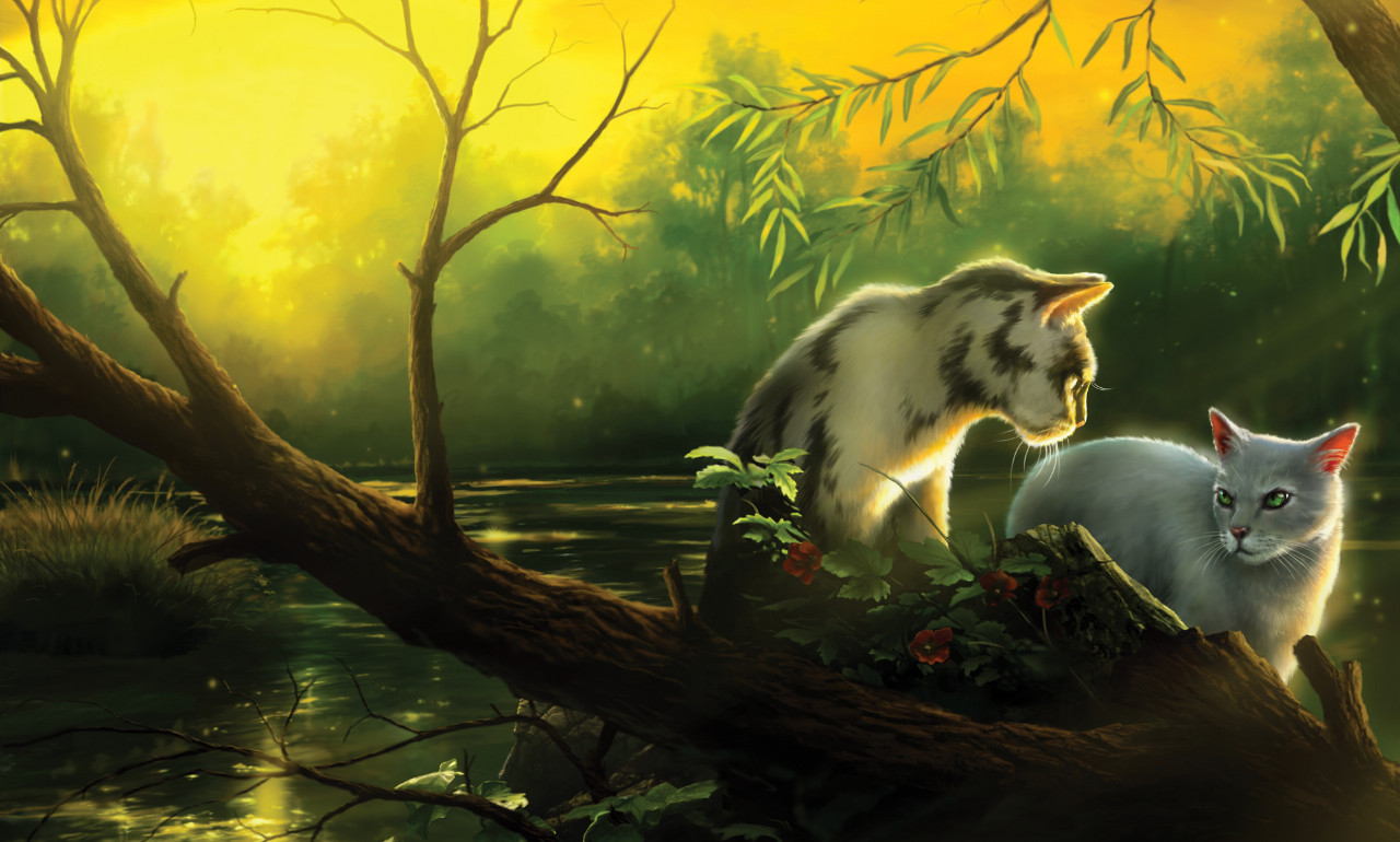 A painting of two cats sitting by a river. A branch is in front of them.