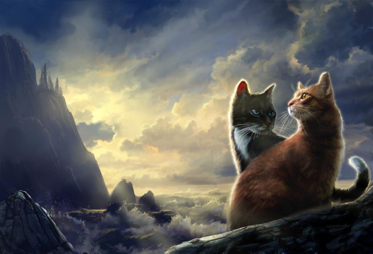 A painting of two cats sitting on a rock by the sea. In the background there is a jagged cliff and the sun shines through the clouds.