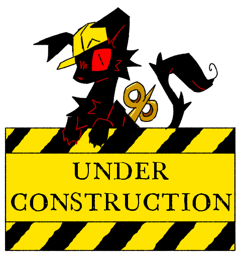 A drawing of sign reading 'under construction'. A black creature wearing a hardhat sits on top of the sign.