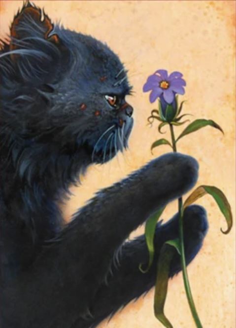 A painting of a dark gray cat with a purple flower. The cat has a flat muzzle and scars on her face. Her ears are chipped.