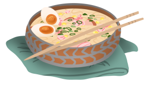 A warm bowl of soup, noodles and a soft-boiled egg made in Tea's colours.