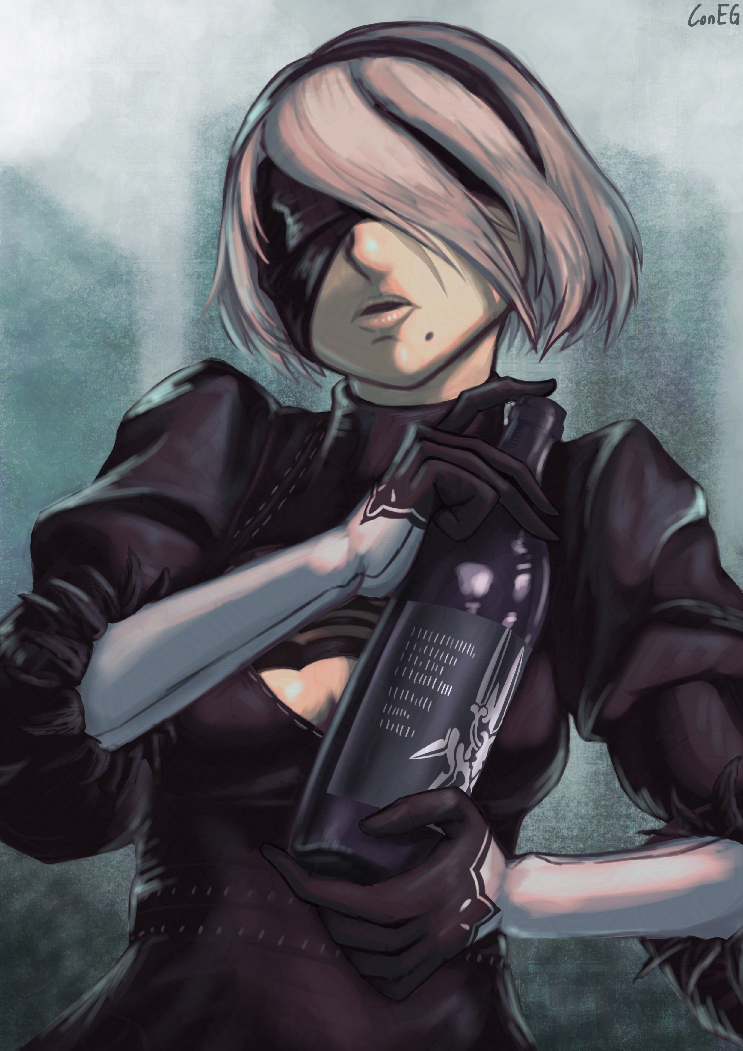 fanart of yorha unit 2b from nier automata leaning a bit back, tilting her head to the side, and mouth slightly open while holding a dark colored bottle of wine. the label for the wine is based on the official nier automata wine themed after 2b available in japan, with a gray label showing some markings and the yorha emblem. behind 2b are greenish-gray skies, with faint city building outlines
