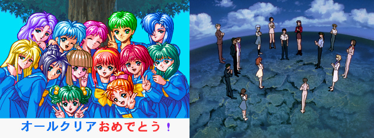 on the left: all clear image from tokimeki memorial: forever with you, all the girls are together and say congratulations, on the right: ending of episode 26 of evangelion, the congratulations scene