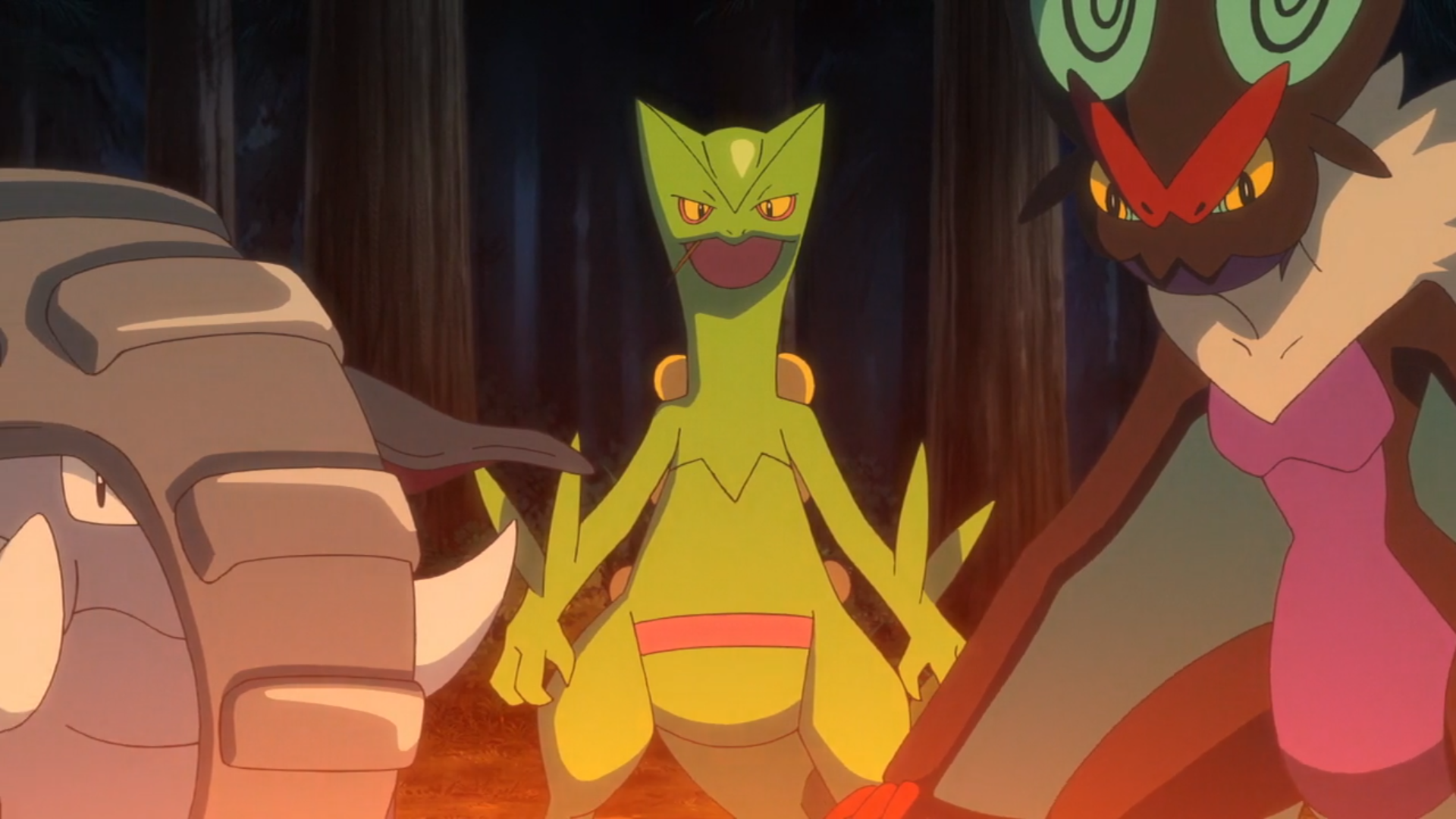 a picture of donphan, sceptile, and noivern totally laughing and having a good time (jk they have a menacing indifferent stare)