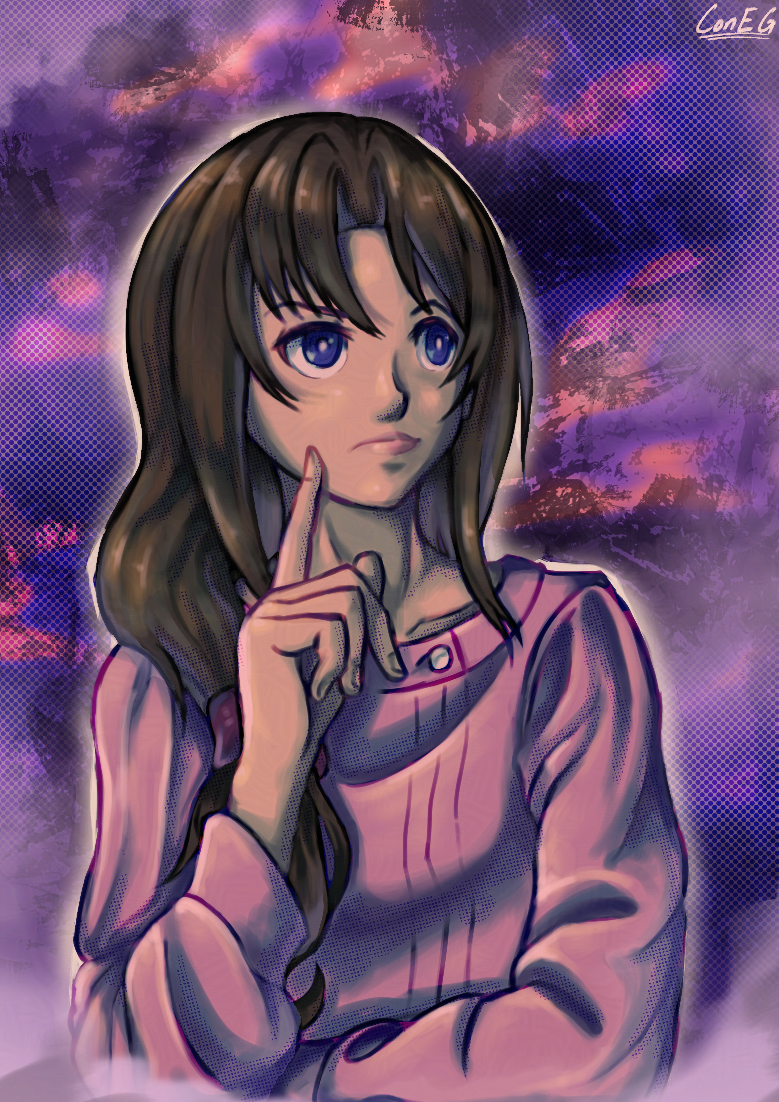 ayumi tachibana from the famicom detective club series, in her second outfit during "the missing heir". she's deep in thought, with one finger against her cheek. behind her is a hazy background of blacks, purples, blues, and reds