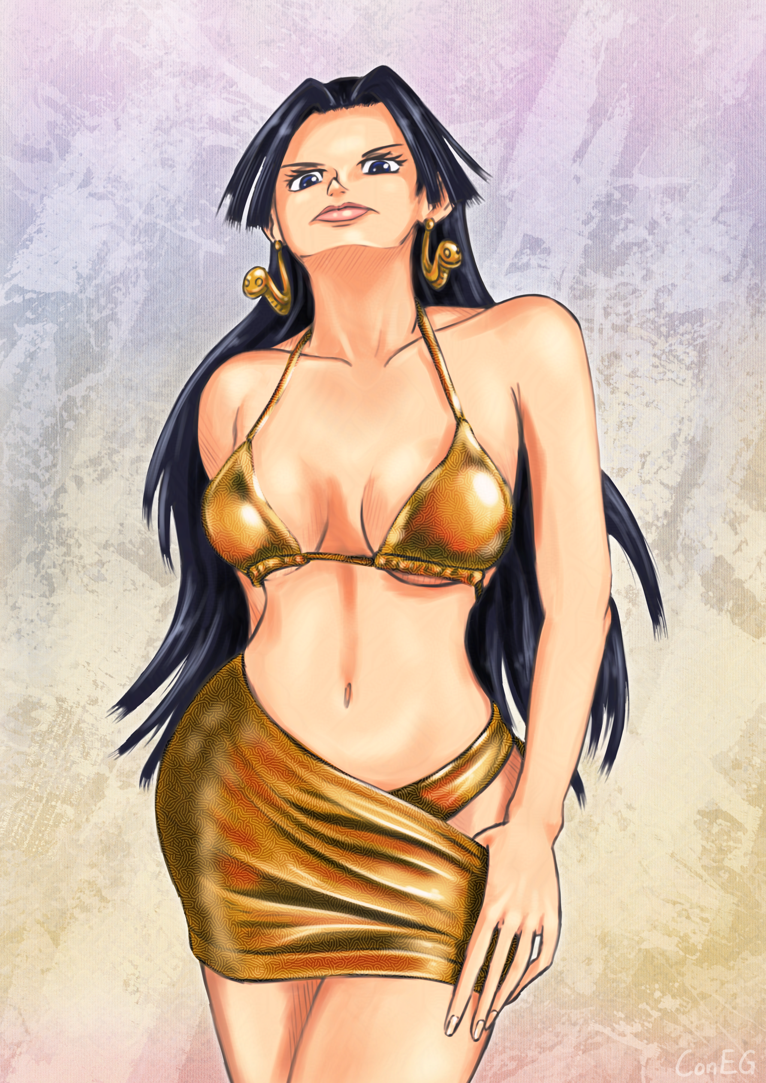 boa hancock from one piece in a shiny, gold bikini (with skirt), lifting her head up a bit to look down angrily