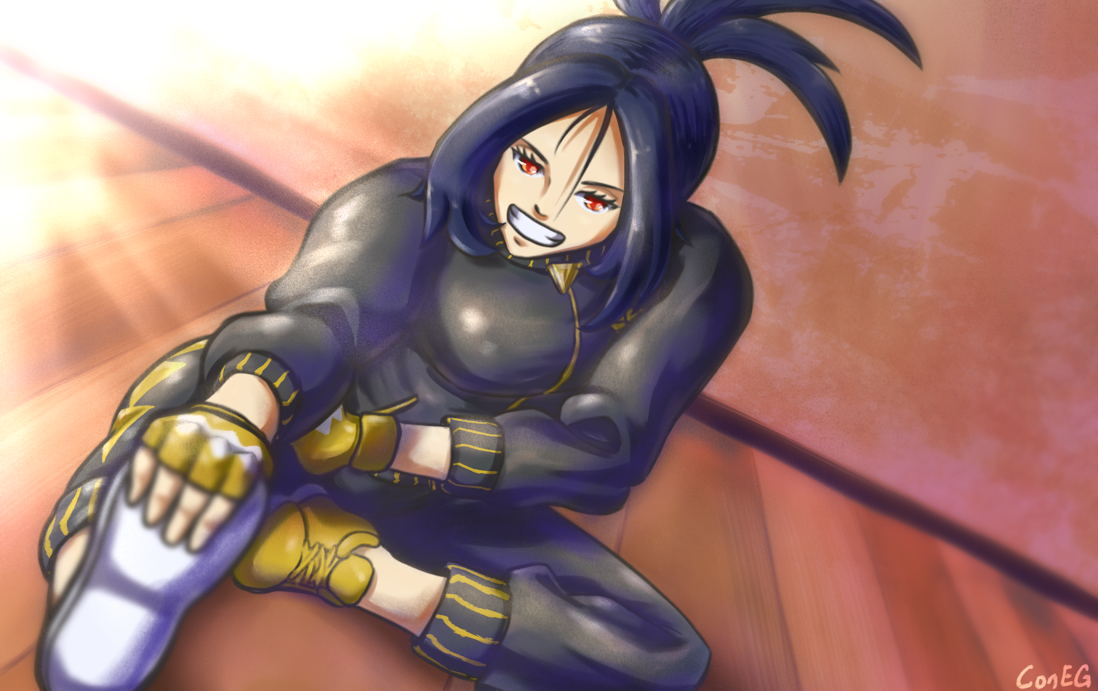 dendra from pokémon scarlet and violet doing a sitting leg stretch while smiling