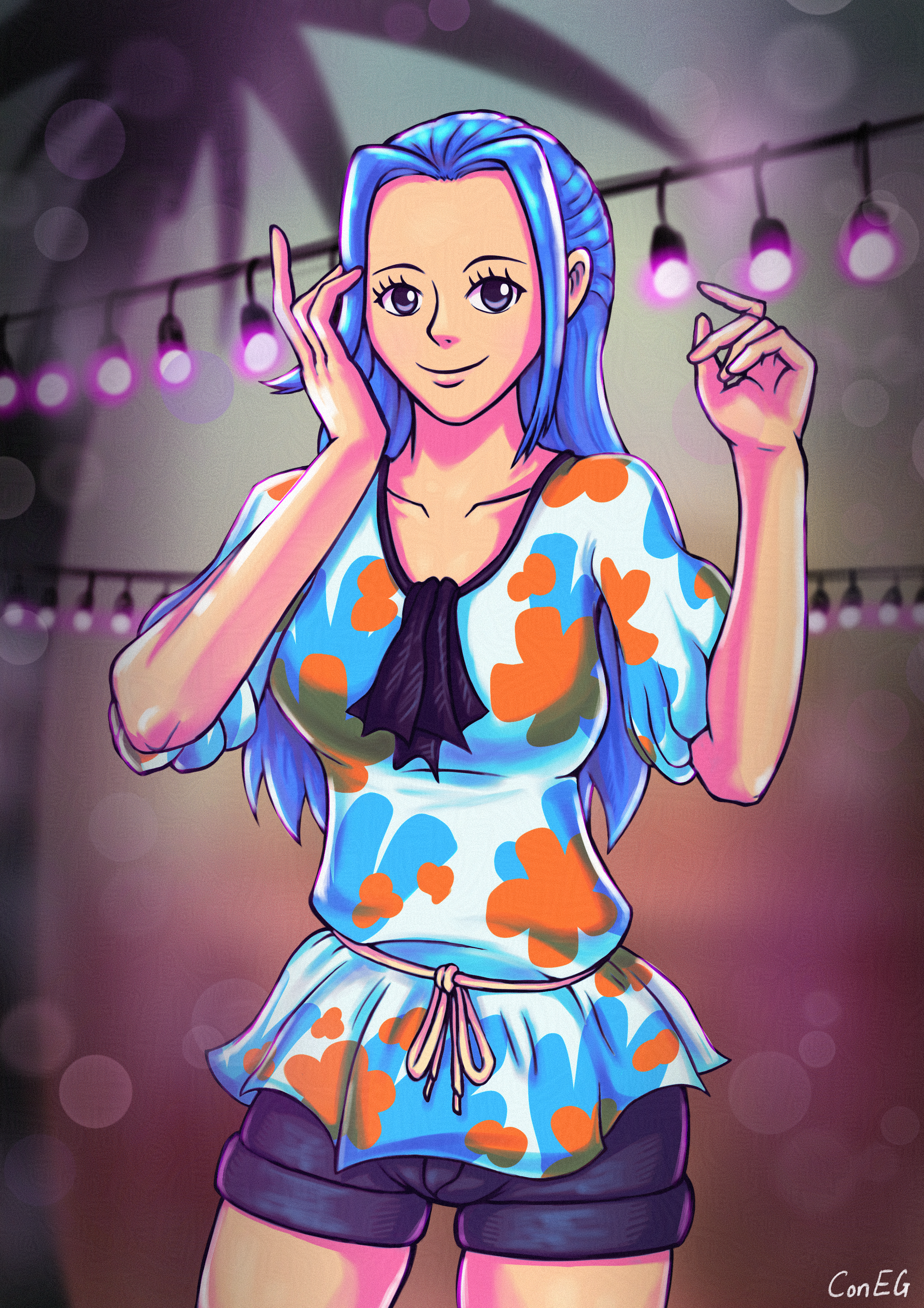 nefertari vivi from one piece in a white blouse with blue and orange floral patterns and dark gray shorts based on a women's fashion picture from eiichiro oda. in the background is a blurred desert setting (alabasta) with a warm to cool color gradient from bottom to top and a palm tree in silhouette. there's strings of pink fairy lights behind vivi to give a dreamy, nightlife feel