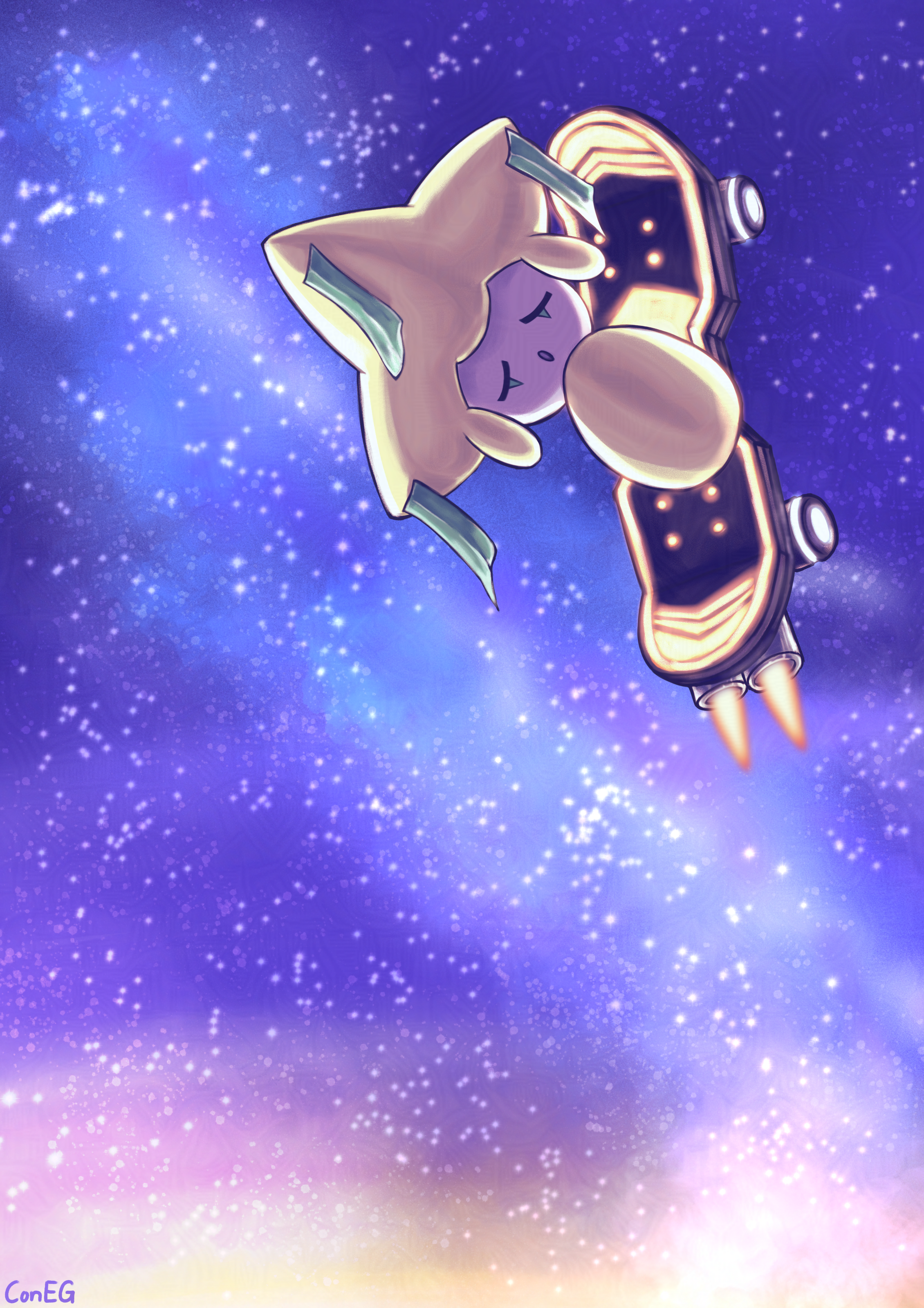 jirachi from pokémon sleeping on a rocket propelled skateboard, soaring through outer space with bright stars, galaxy stardust clouds, and a warm orange glow at the bottom.
this concept is based on the jiarchi (team up 99) and escape board (ultra prism 122) combo in the pokémon trading card game, where you would use jirachi's ability to search for trainer cards then allow the escape board to overcome the retreat cost and sleep status to get out of the active position. it was a major card search staple in a lot of decks when i tried dabbling in the tcg a few years ago