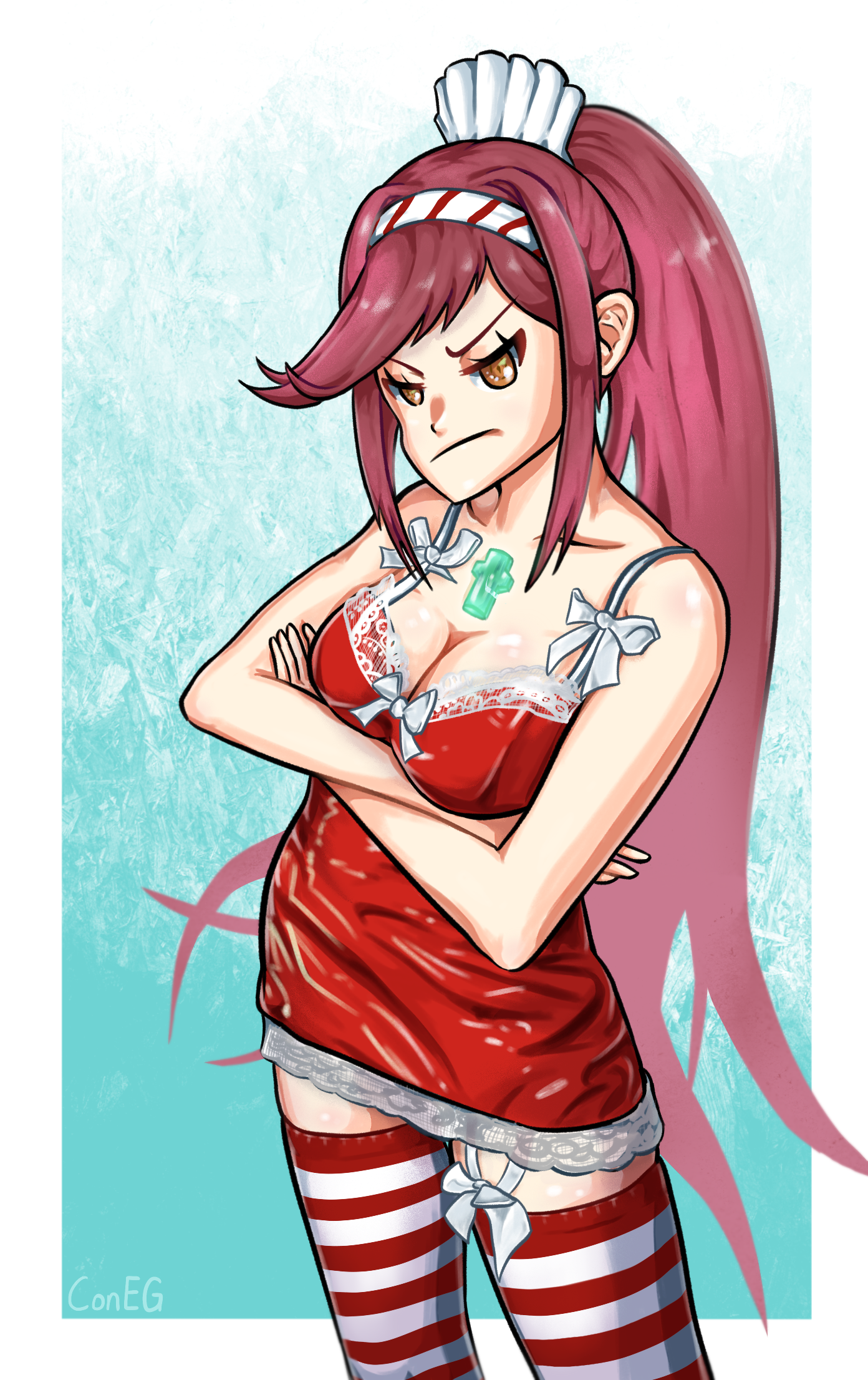 glimmer from xenoblade chronicles 3: future redeemed in a shiny red dress with bowties, lace, and peppermint striped socks